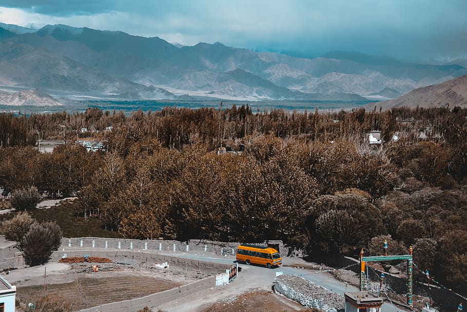 himalayas, sky, trees, forest, bus, school, hills, road, mountain HD wallpaper