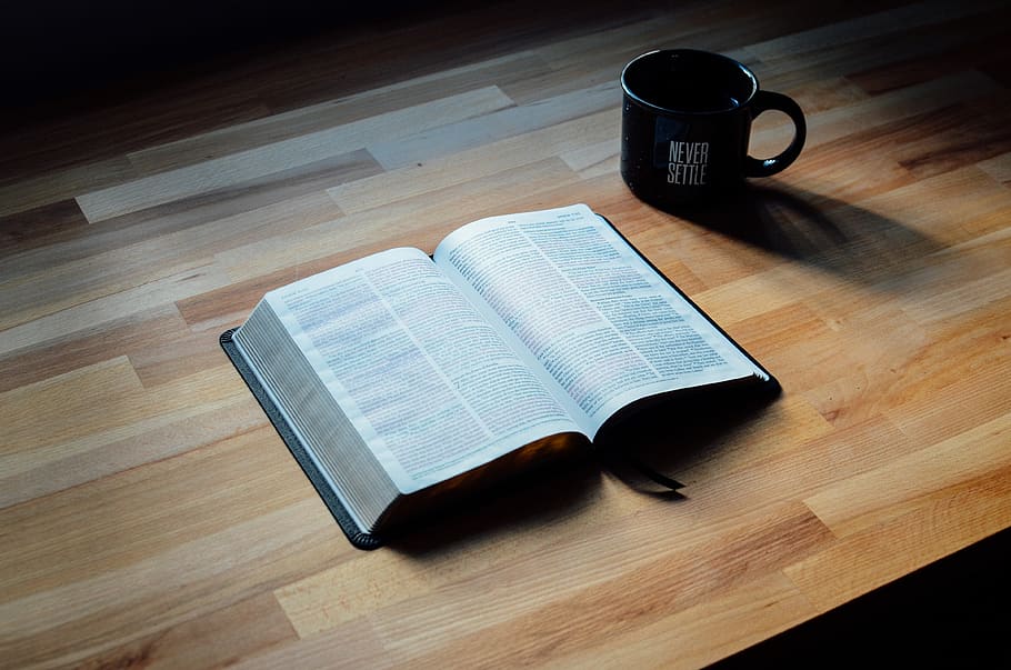 opened book beside black ceramic mug, table, drink, cup, food and drink HD wallpaper