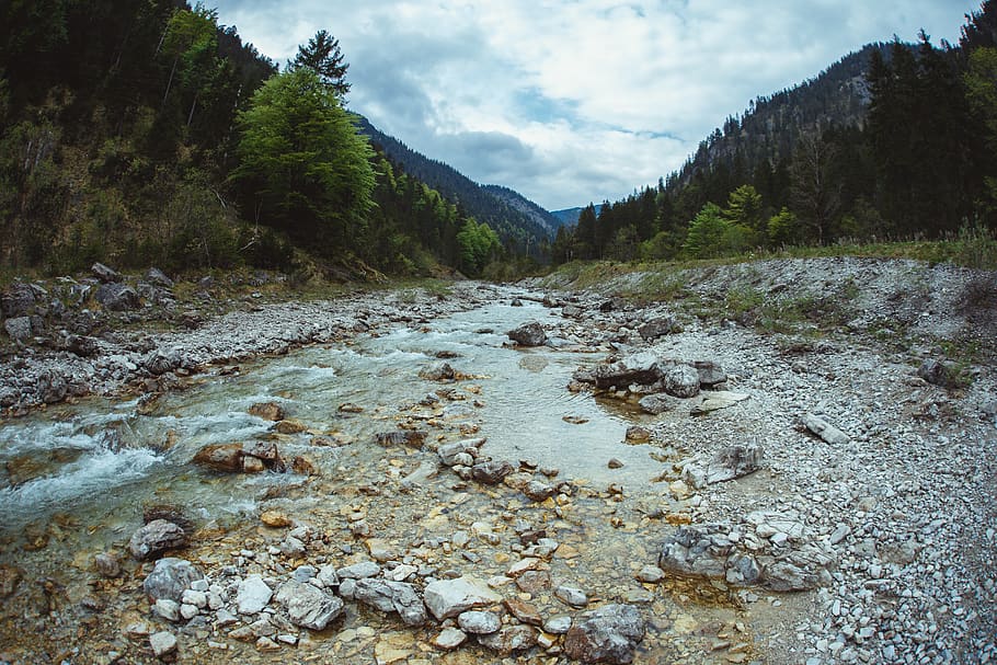 water, river, riverbed, mountains, alps, austria, rocks, waterfall, HD wallpaper