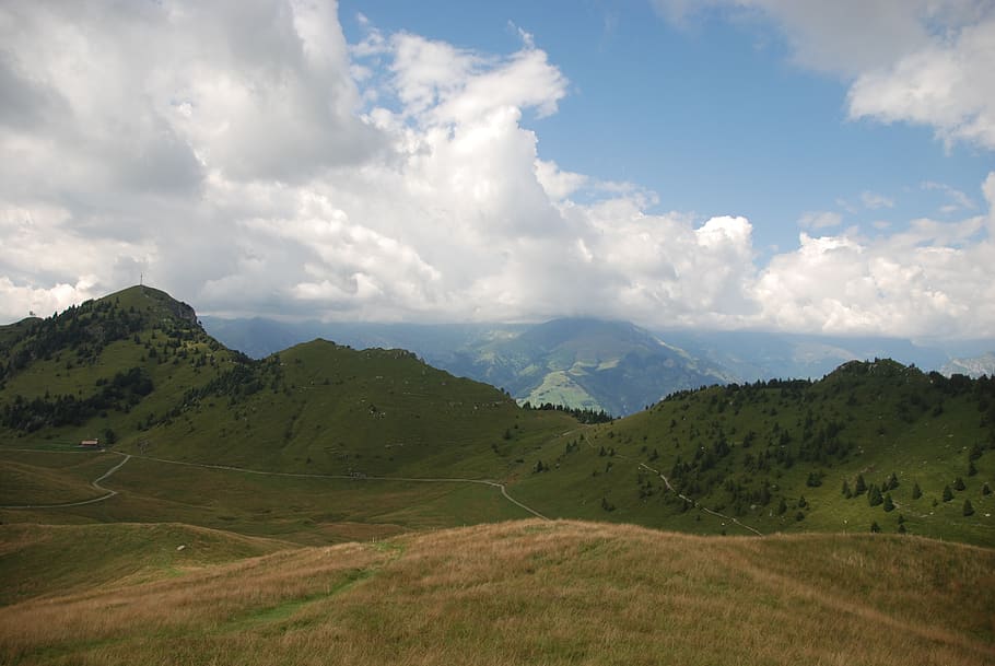 mountain, pasture, clouds, sky, green, mountains, nature, landscape HD wallpaper