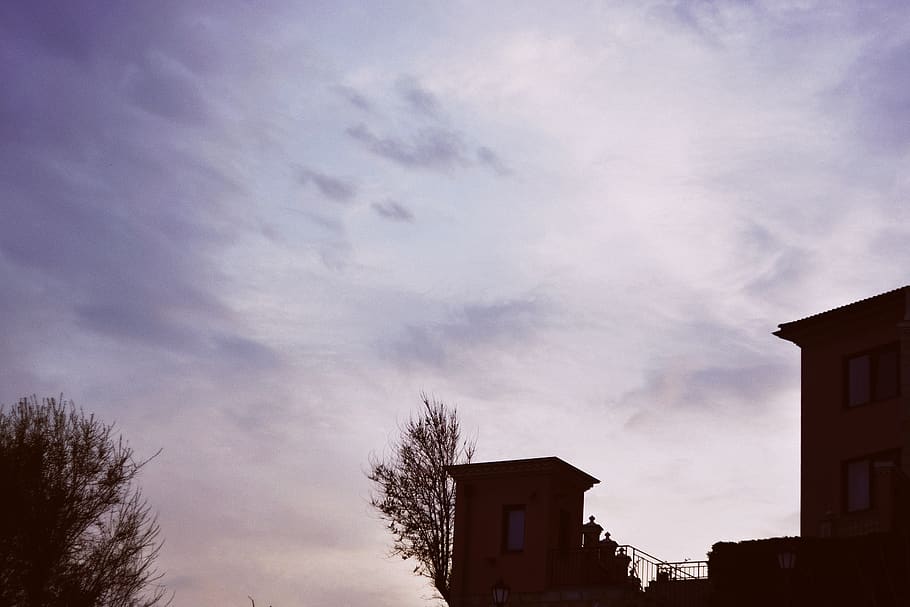 sky, cloudscape, silhouette, wallpaper, building complex, trees HD wallpaper