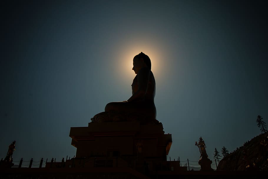 statue, buddha, light, dark, night, sky, stone, sculpture, representation, HD wallpaper