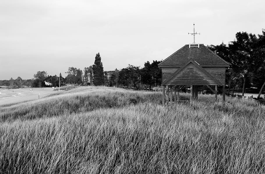 canada, goderich, hut, pergula, sand, long grass, wind, fall HD wallpaper