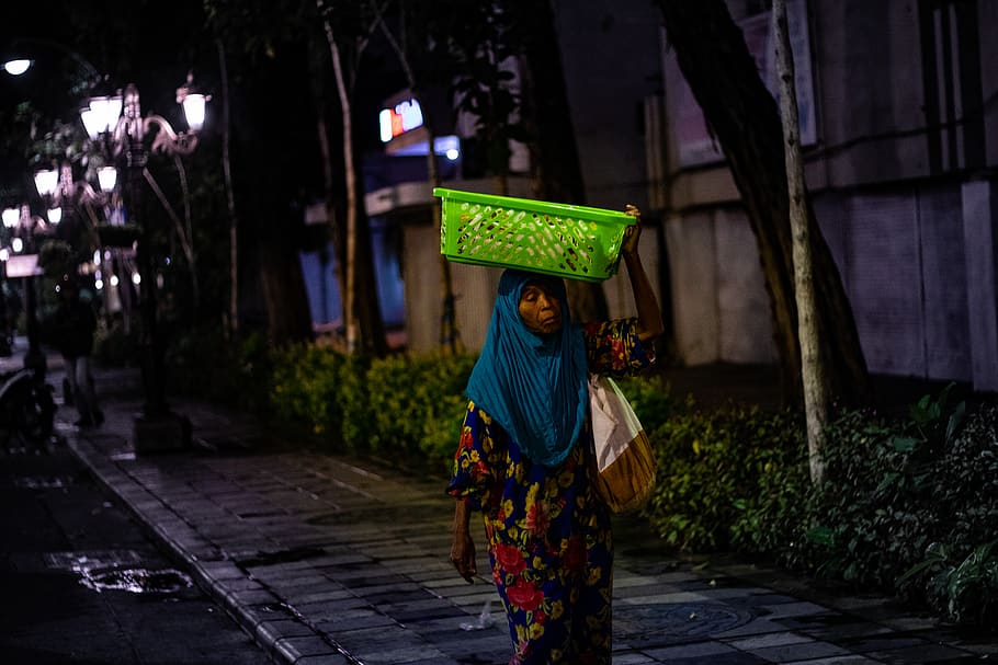 woman carrying green plastic basket, human, person, people, flora, HD wallpaper
