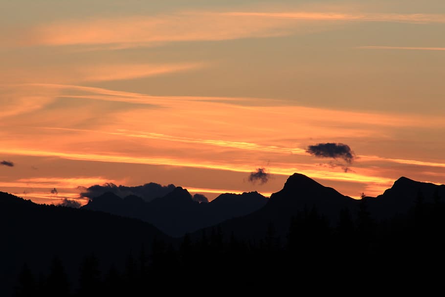 golden time clouds, mountain, sky, sunset, sunrise, silhouette HD wallpaper