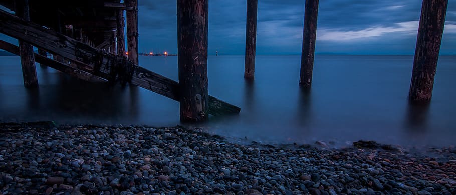 bc, white rock, water, pier, evening, night, poles, holidays HD wallpaper