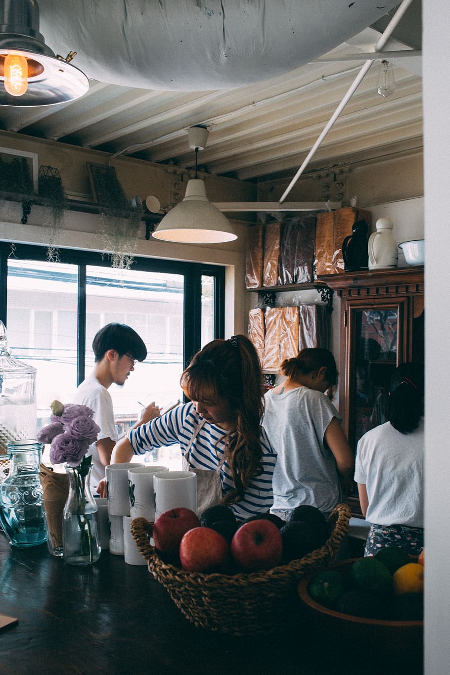 Asians prepping food., indoors, women, casual clothing, group of people HD wallpaper