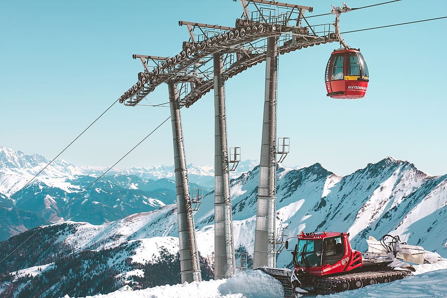 Red Cable Car, adventure, alpine, cold, high, ice, landscape, HD wallpaper