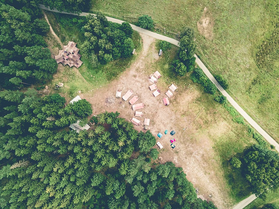 sweden, sjöbo, raftarpsvägen, camp, forest, landscape, drone, HD wallpaper