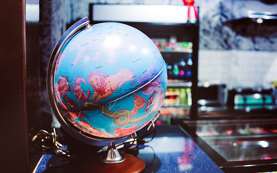 globe desk on table, astrology, map, atlas, zodiac, sky, star HD wallpaper