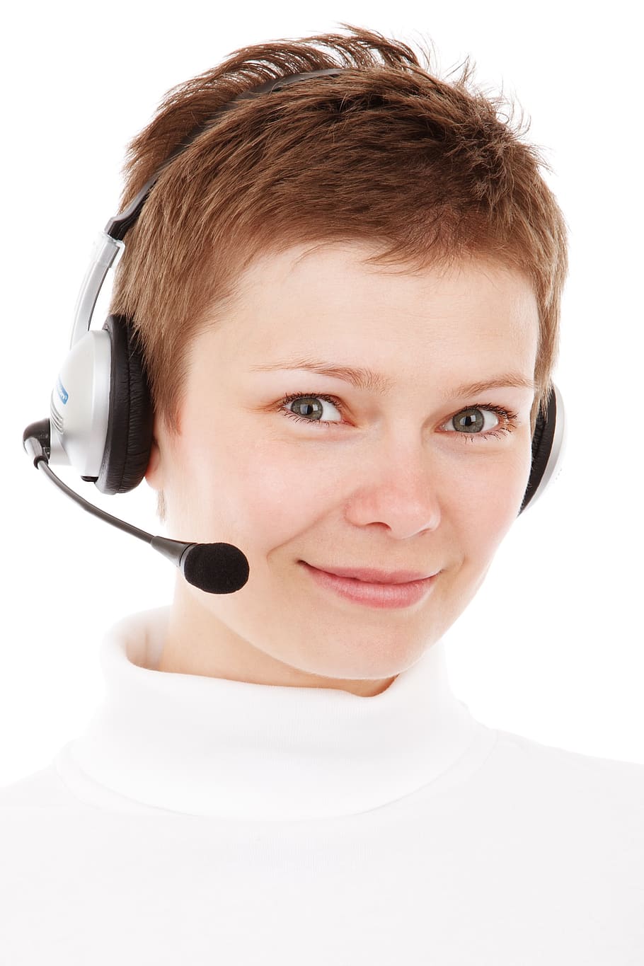 Person Wearing Silver Headset Smiling, agent, center, communication