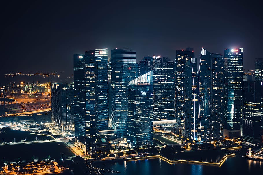 night, sky, city, lights, buildings, structure, highway, road HD wallpaper