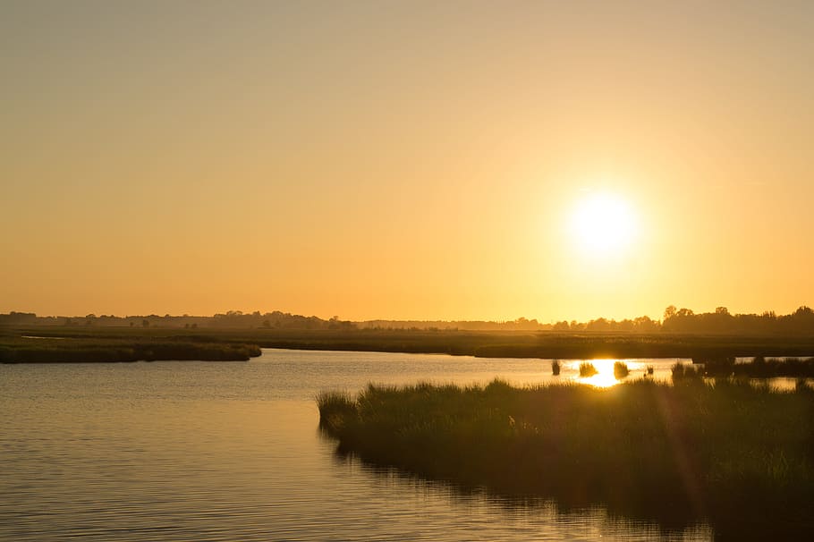 Sunset View on Body of Water, grass, nature, river, sky, tranquility HD wallpaper