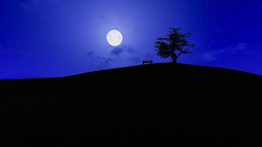 moon, sky, dusk, light, silhouette, panoramic, landscape, nature