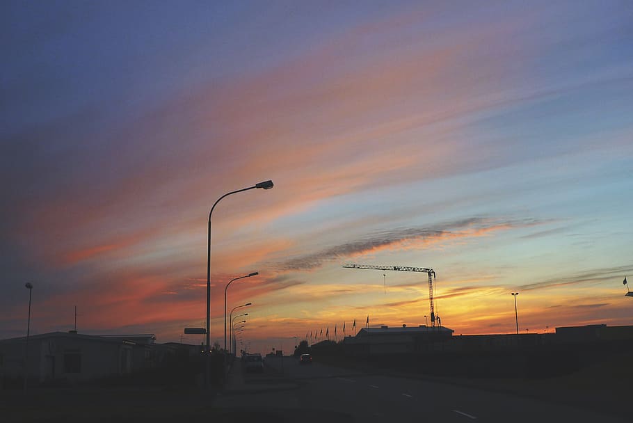 iceland, clouds, sunset, sky, road, crane, streetlight, cloud - sky HD wallpaper
