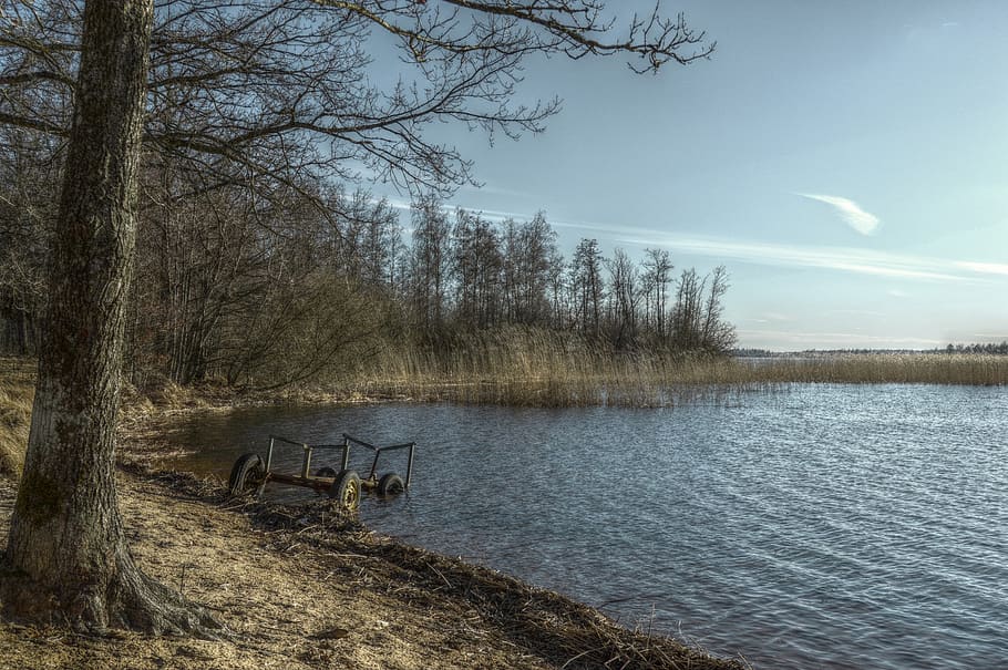 sweden, tree, trees, lake, water, hdr, wagon, forest, blue HD wallpaper