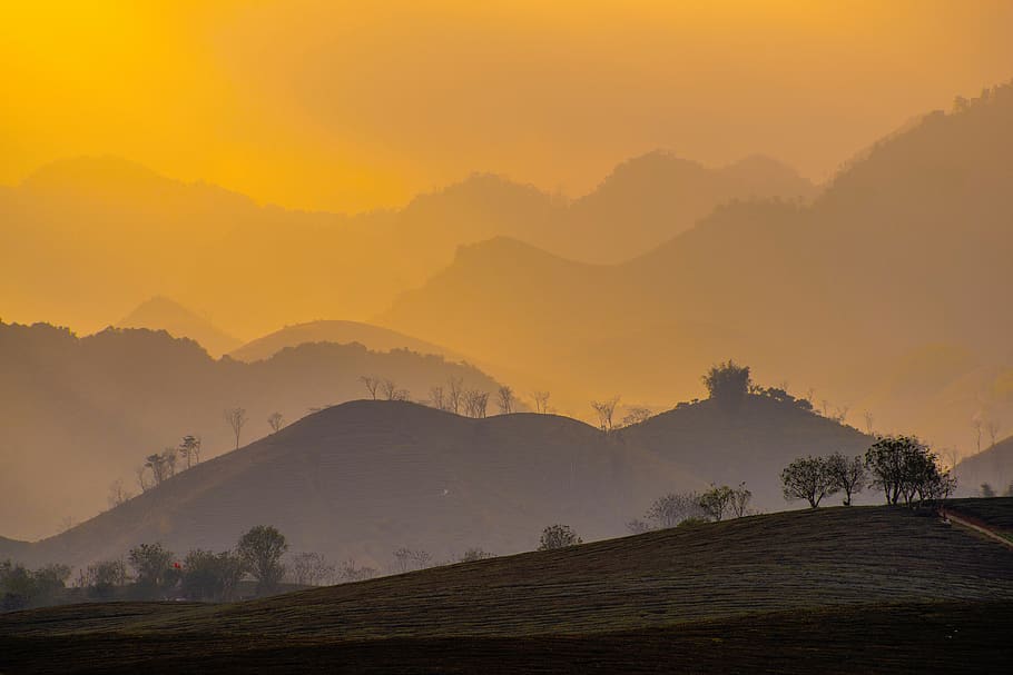 nature, landscape, mountains, gradient, brown, yellow, trees HD wallpaper