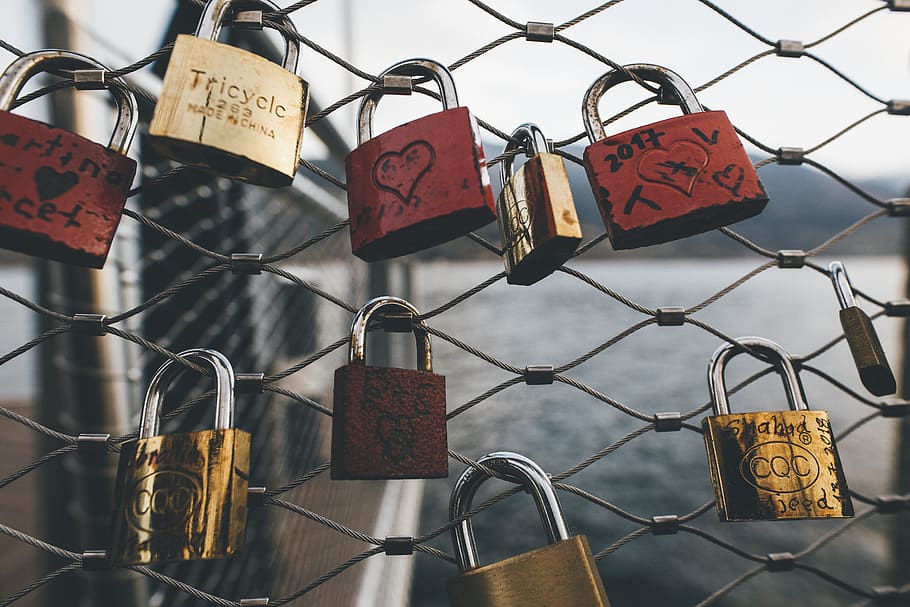 Padlocks Locked On Chain Link Fence, love locks, security, safety, HD wallpaper