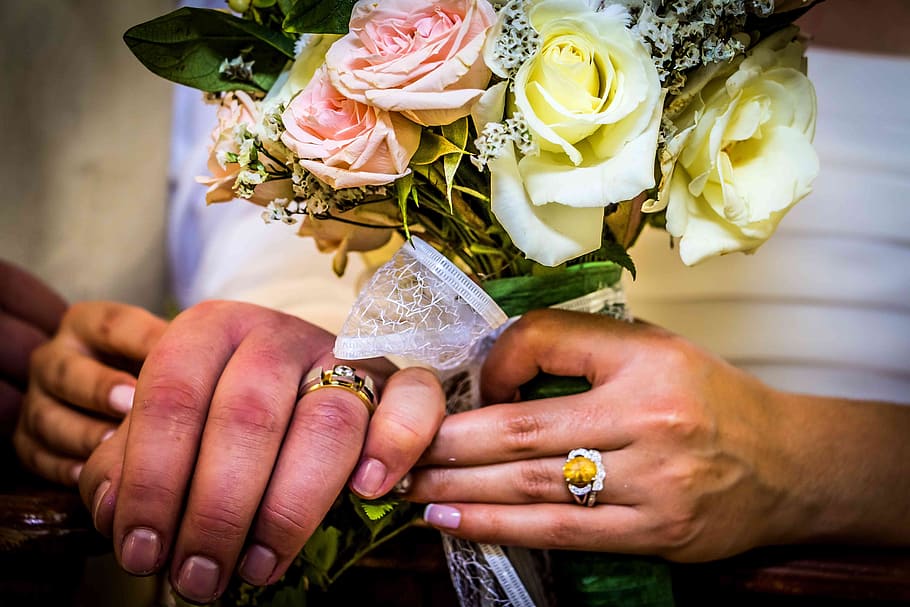 rings, wedding, blessing rings, flower, human hand, flowering plant HD wallpaper