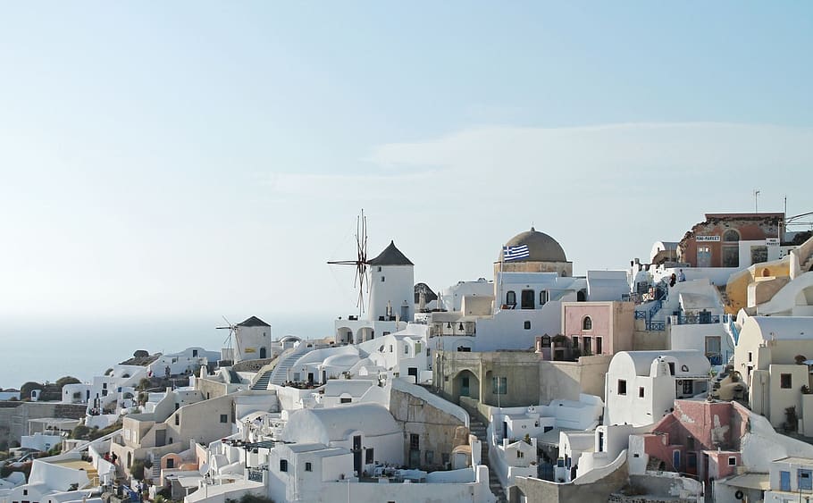 blue, sky, greece, flag, greek, buildings, island, hill, architecture HD wallpaper