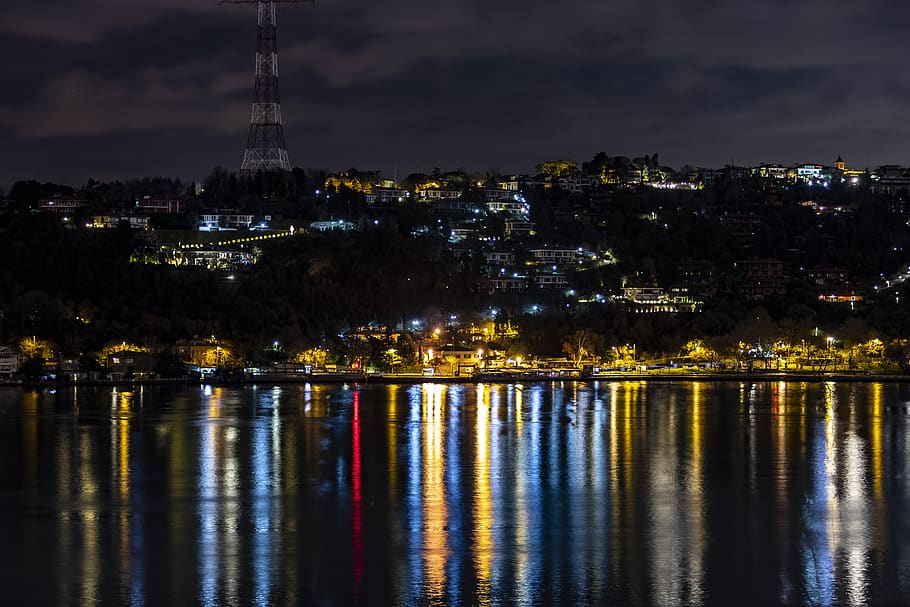 night, bosphorus, turkey, istanbul, arnavutkoy, bridge, sea, HD wallpaper