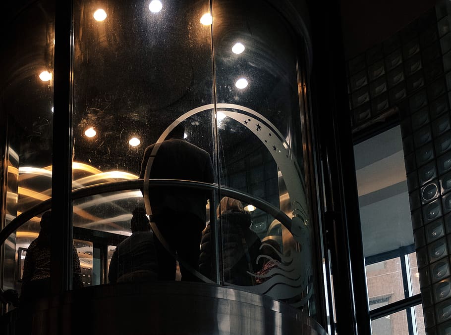 people, street, elevator, candid, illuminated, night, glass - material HD wallpaper