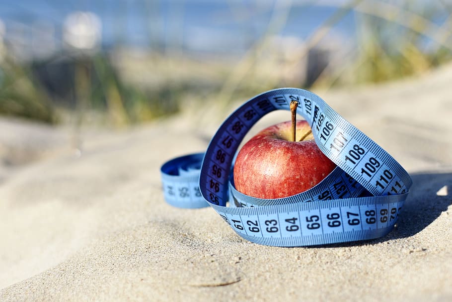 motivation, apple, measure, blue tape, vitamins, red apple