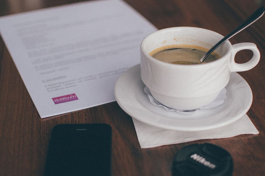 coffee, espresso, iphone, mobile, desk, table, papers, business HD wallpaper