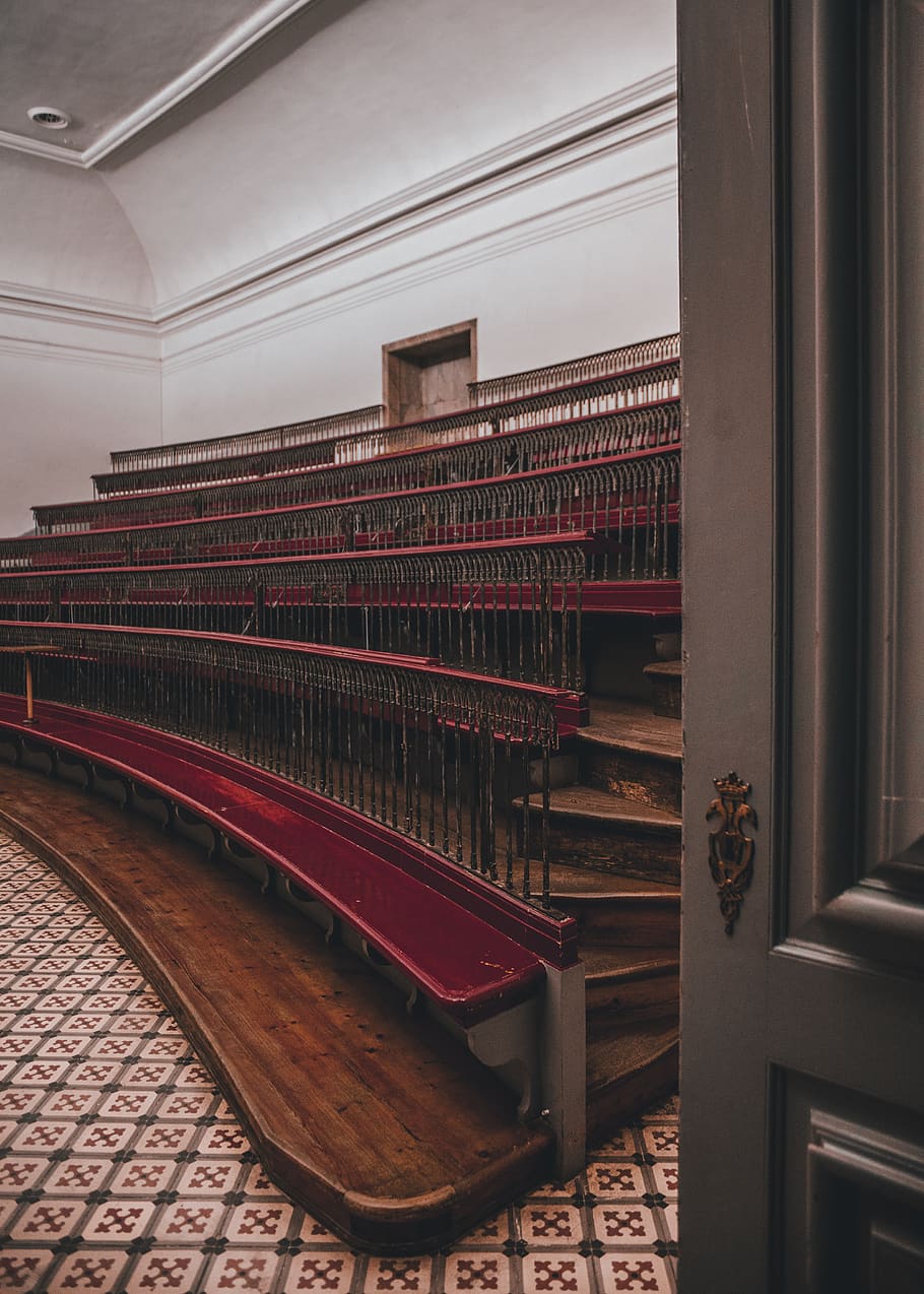 empty bench inside room, indoors, hall, auditorium, theater, interior design HD wallpaper