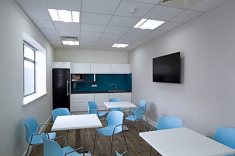 canteen, blue, seating, kitchen, office, catering, table, chair HD wallpaper