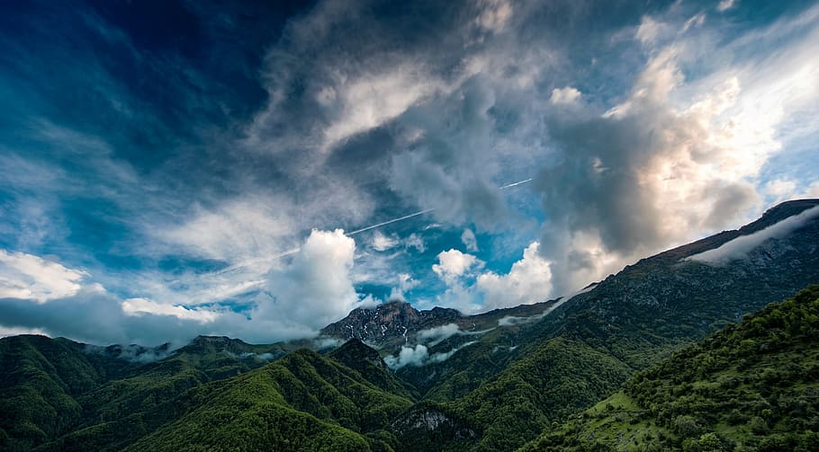 mountain, sky, dramatic, clouds, blue sky, green, landscape HD wallpaper