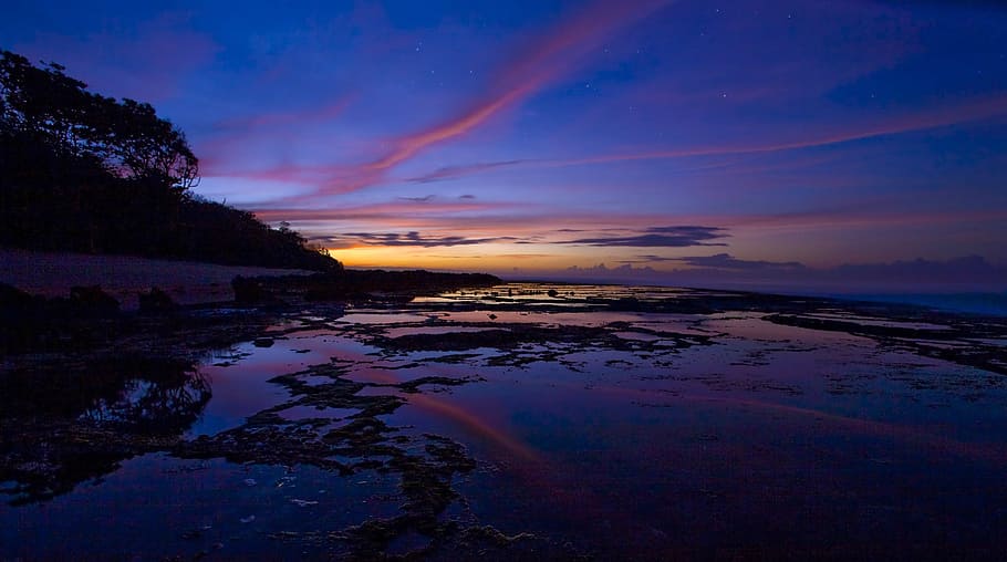 dusk, dawn, nature, beach, seashore, ocean, blue, water, river HD wallpaper