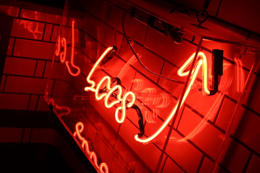 red LED sign, illuminated, neon, night, communication, lighting equipment HD wallpaper