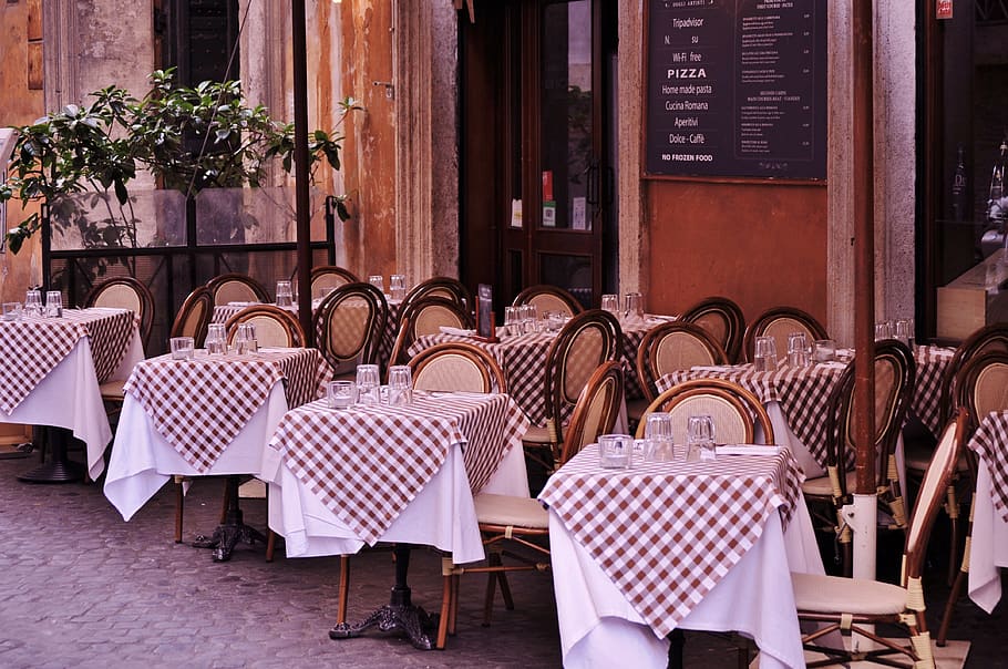 Empty Tables and Chairs in Restaurant by the Street, italian