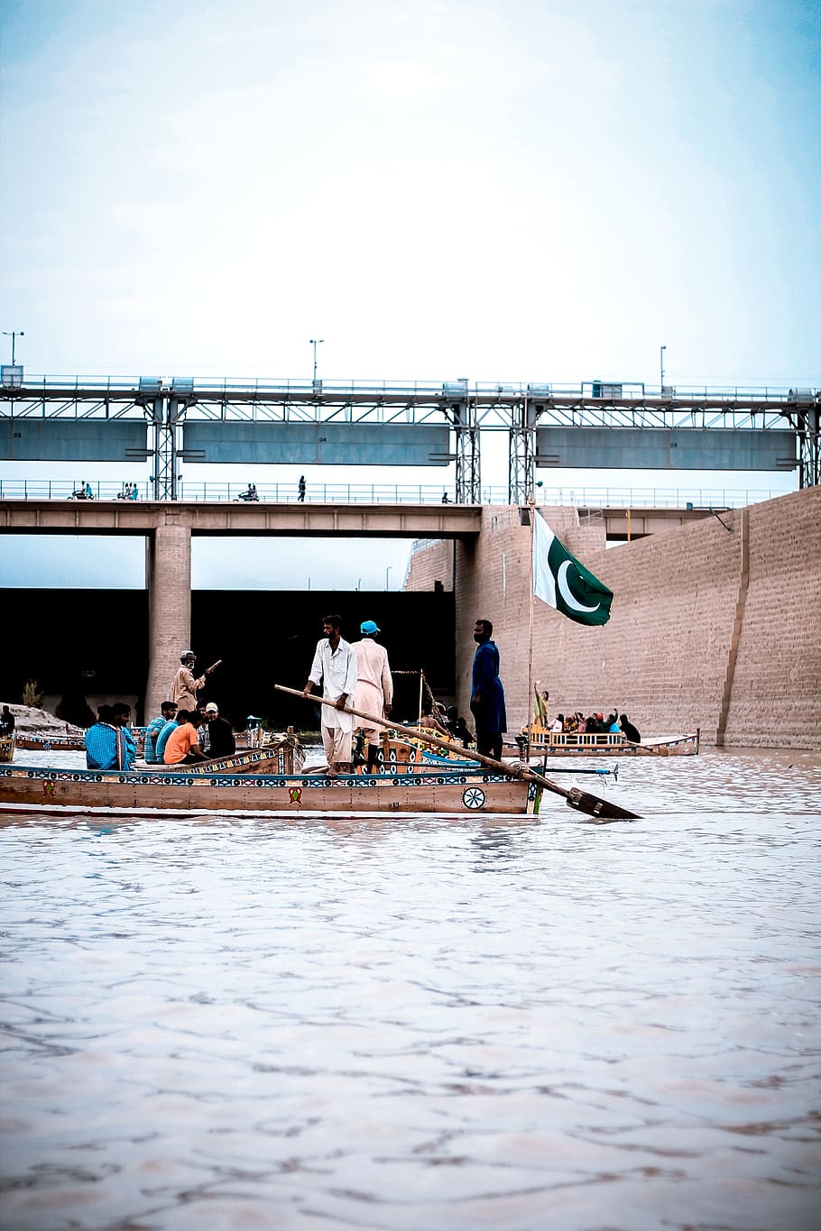 People Riding On Boat With Pakistan Flag, bridge, friends, indus river HD wallpaper
