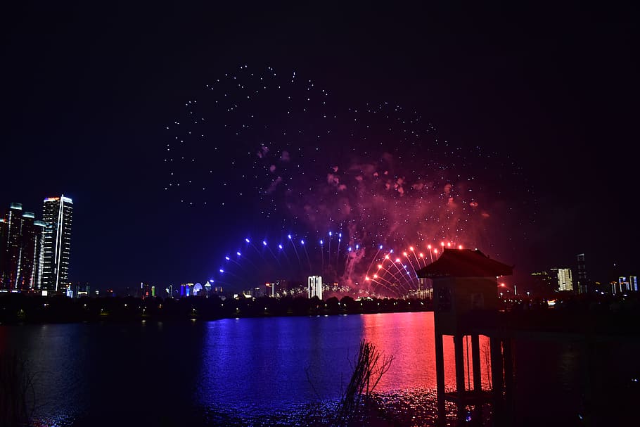firework, night, water, architecture, building exterior, built structure HD wallpaper