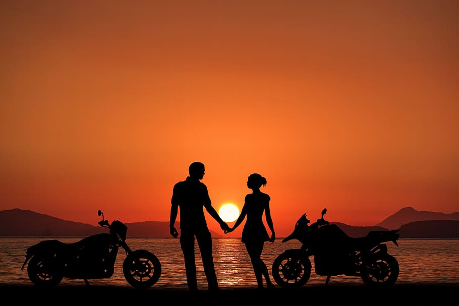 sunset bikes, couple, oceans, beach, love, romantic, people