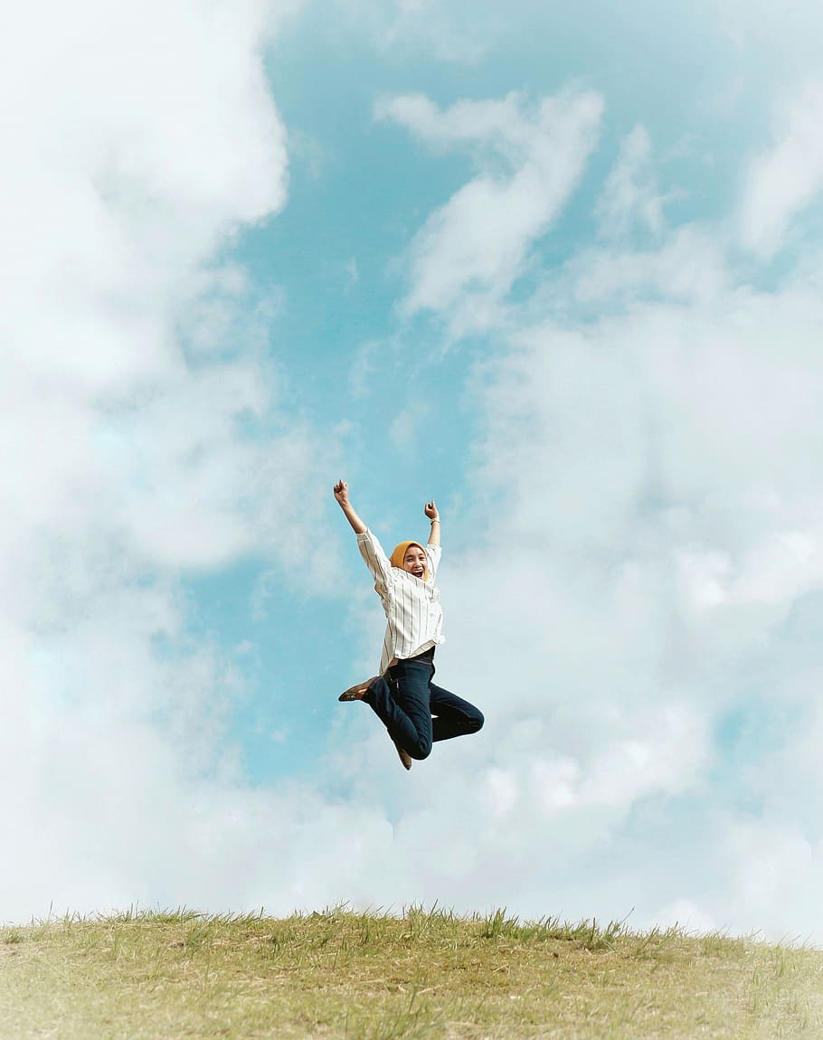 Person Jumping On Air With Clouds Background, daylight, dom, fun HD wallpaper