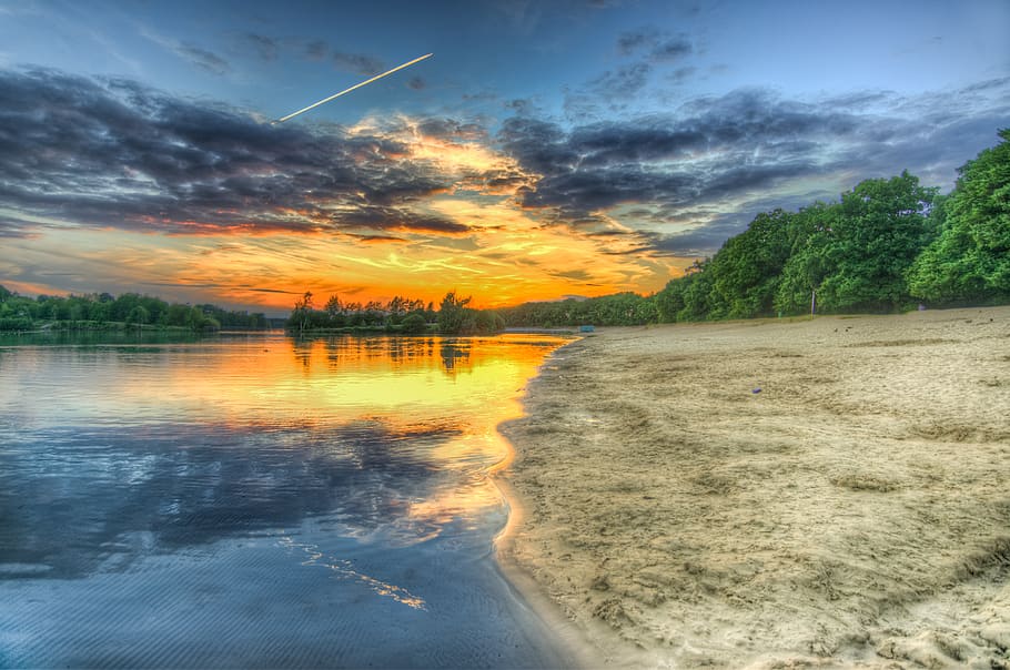 Beige Shore Under Gray Sky, beach, clouds, dawn, forest, idyllic HD wallpaper