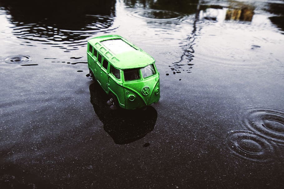 Green Van, various, rain, raining, toy, toys, water, no people HD wallpaper