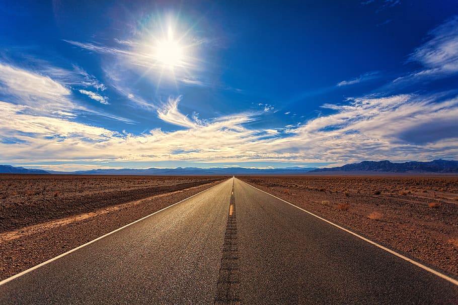 Winding Road Photography, asphalt, blue, clouds, desert, dry HD wallpaper