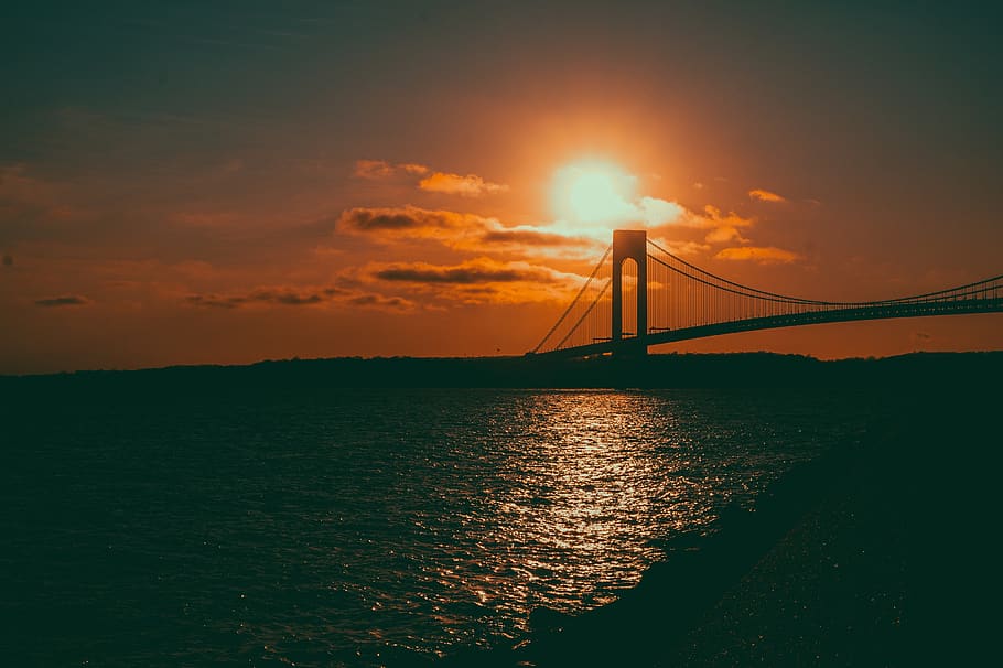 sunset, ocean, sea, beach, water, clouds, sky, architecture HD wallpaper