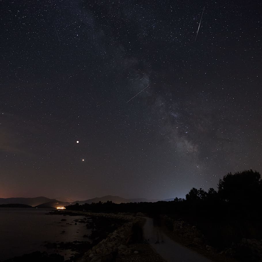 low light photo hills, sky, star, mountain, water, road, tree HD wallpaper