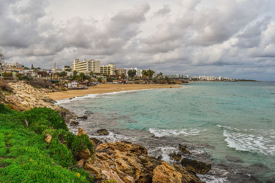 cyprus, protaras, beach, seashore, resort, panoramic, sky, clouds HD wallpaper