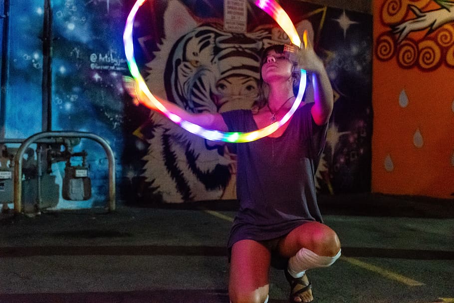 Woman Playing Hulahoop, dancer, dancing, fun, illuminated, light HD wallpaper