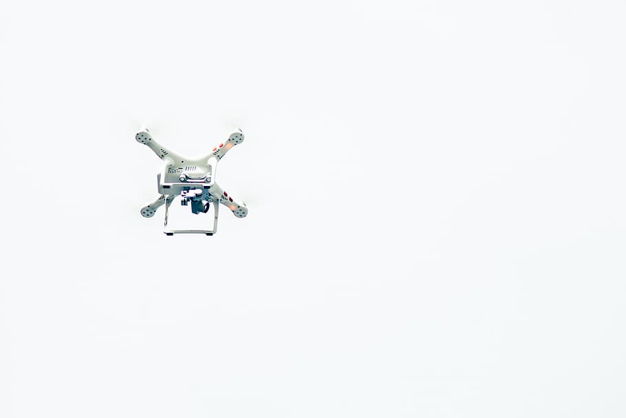White Quadcopter, aircraft, camera, drone, gadget, photography HD wallpaper