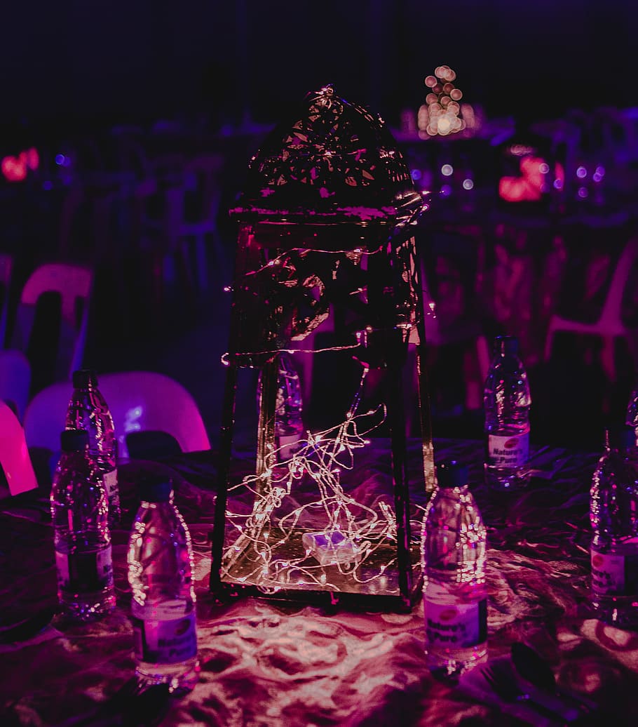 Black and Pink Lamp Turned on, bottles, chairs, dark, design HD wallpaper
