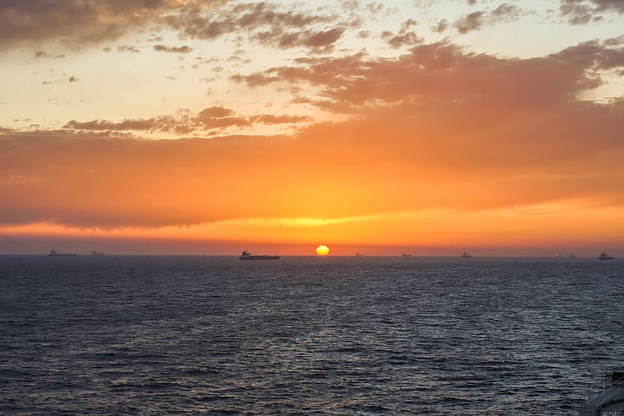 persian gulf, sunset, sea life, tanker, sky, scenics - nature, HD wallpaper