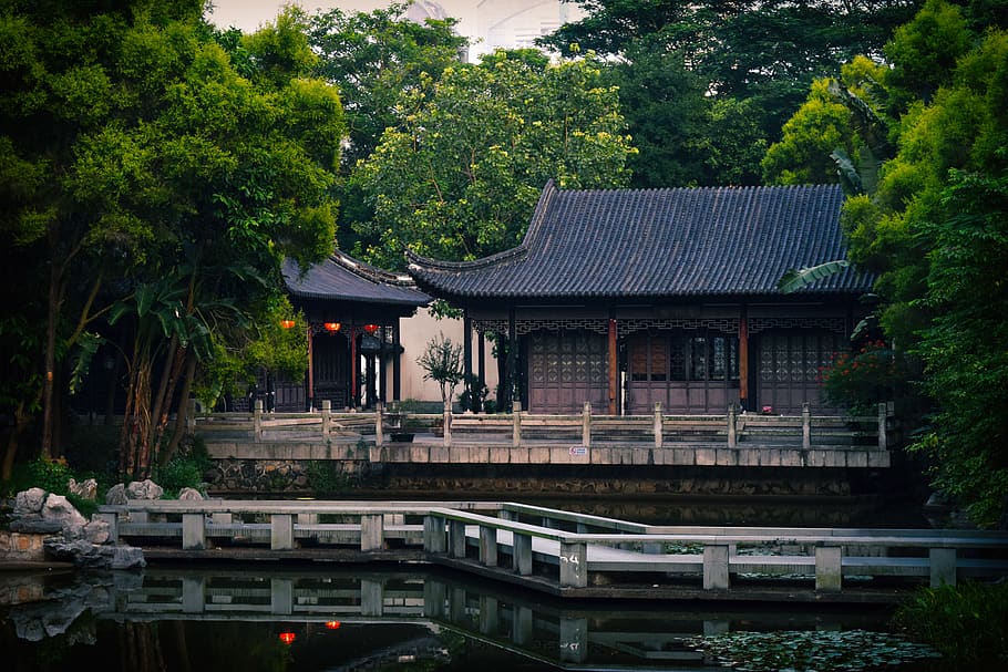 china, shenzhen, bridge, pond, chinese, house, tranquil, reflection, HD wallpaper
