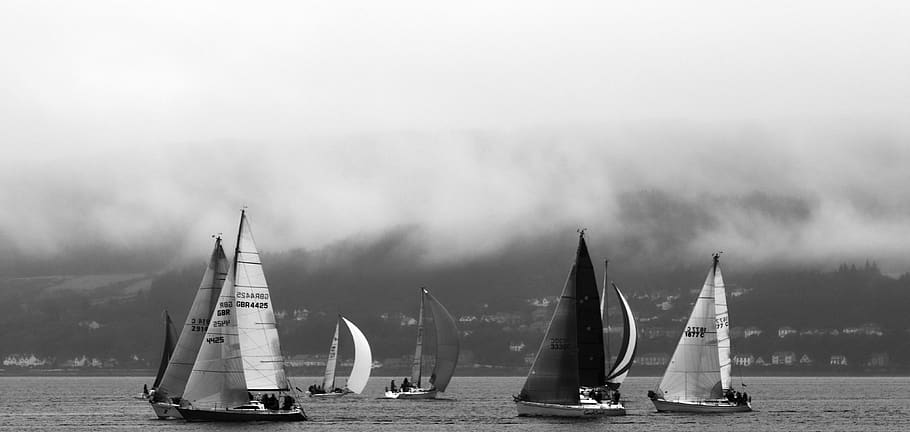 Grayscale Photo of Sailboats, adventure, beach, black-and-white